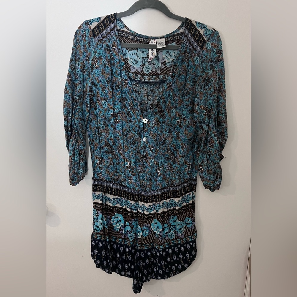 Mimi Chica Boho Long Sleeve Romper Floral Aqua Brown Turquoise XL